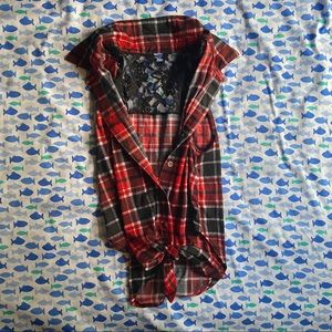 Red flannel lace crop top